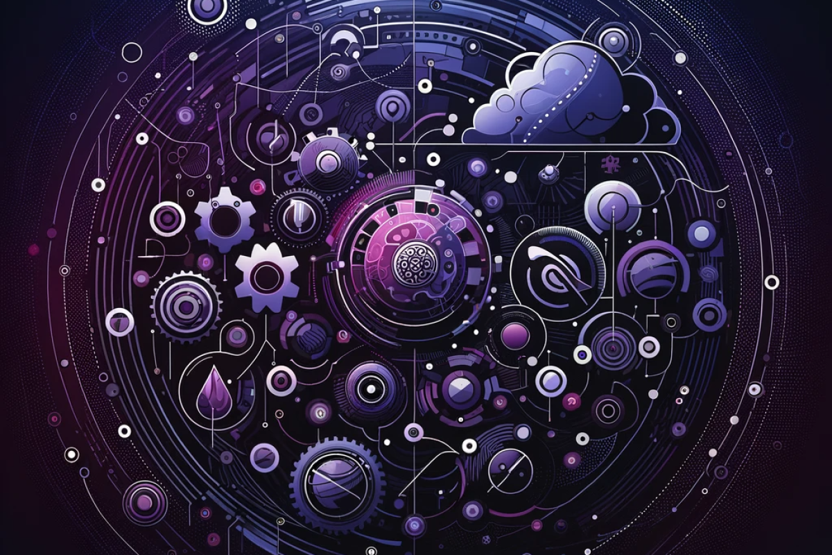 DALL·E 2024-02-01 17.12.24 - Create an abstract image in dark violet tones that symbolizes IT maintenance and support. The image should convey a sense of reliability, technology,